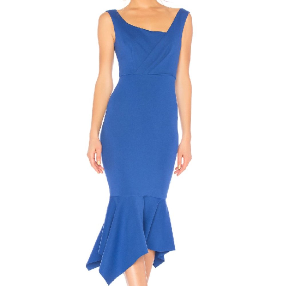 ELLIATT Cobalt Blue Asym Neck Viola Midi Dress